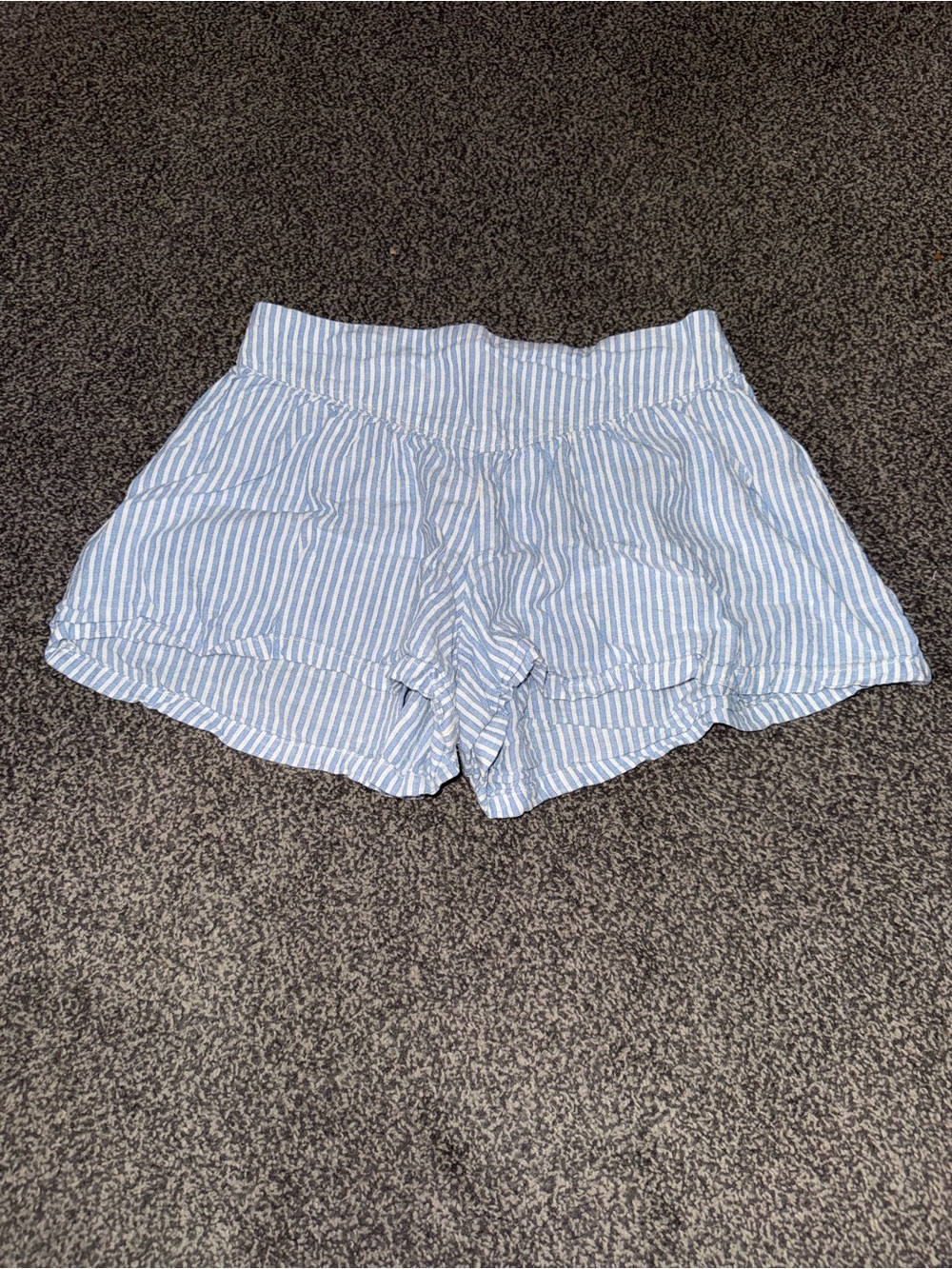 Girls Medium Linen Blend Shorts Blue Cream White Striped Loose Fit